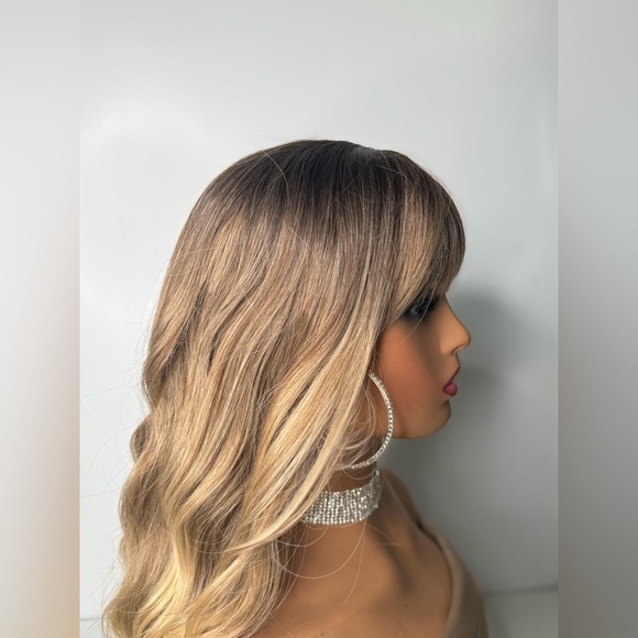 Long Blonde Ombre Wig with Bangs – Wavy Layered Heat Safe Synthetic Hair - Picture 4 of 9